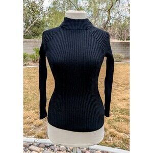 VTG Petite Large Ladies Kosugi Black Ribbed Knit Turtleneck L/S Fitted Top EUC